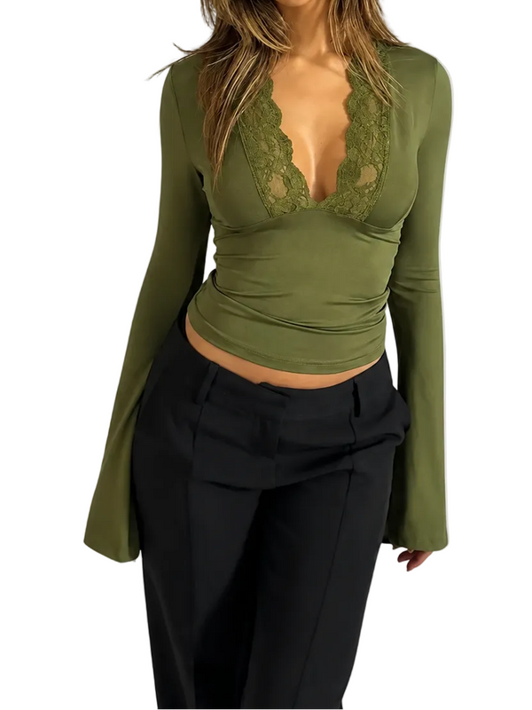 Women’s V-Neck Long-Sleeve Top with Lace Panel and Flared Cuffs-Tops for women-CaldwellVoss
