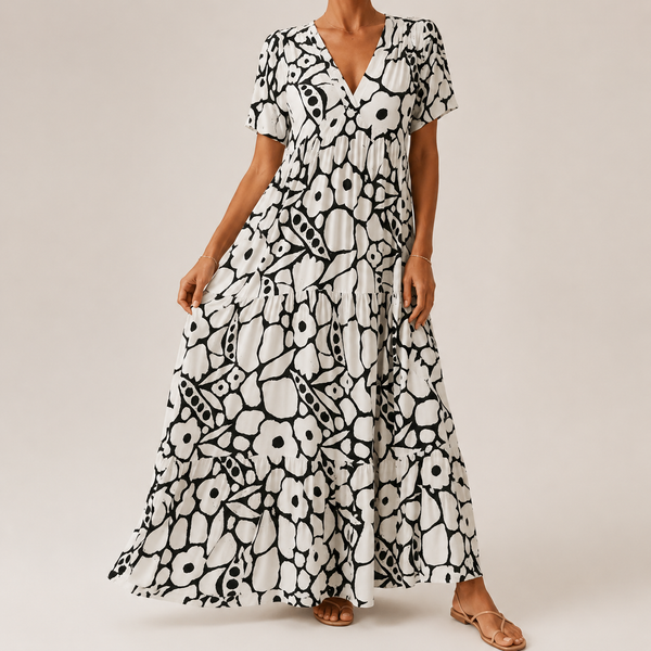 Women's V-Neck Tiered Floral Maxi Dress-Maxi Dress-CaldwellVoss