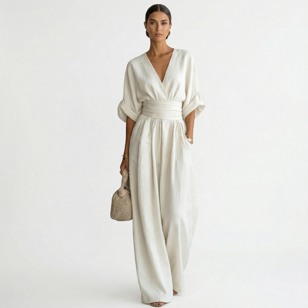 Women’s V-Neck Wide Leg Jumpsuit with Waistband-Jumpsuits for women-CaldwellVoss