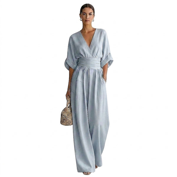 Women’s V-Neck Wide Leg Jumpsuit with Waistband-Jumpsuits for women-CaldwellVoss