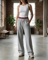 Women’s Wide Leg Joggers with Plaid Waistband-Pants for Women-CaldwellVoss