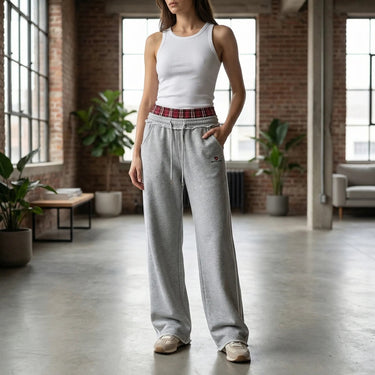 Women’s Wide Leg Joggers with Plaid Waistband-Pants for Women-CaldwellVoss
