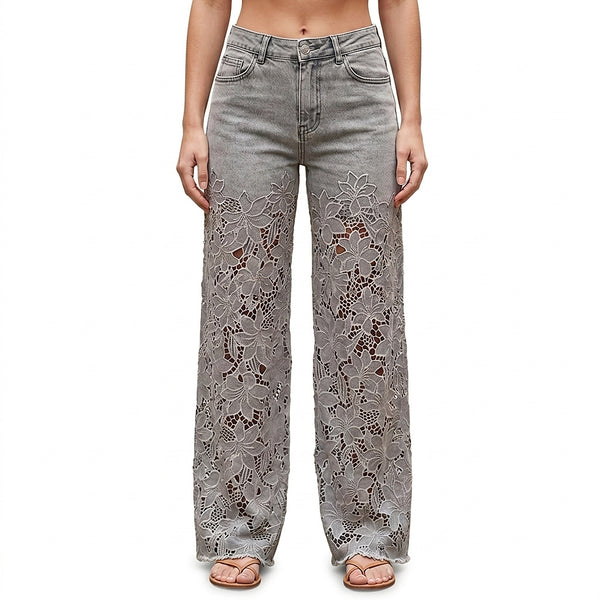 Women’s Wide Leg Lace Panel Jeans-Pants for Women-CaldwellVoss